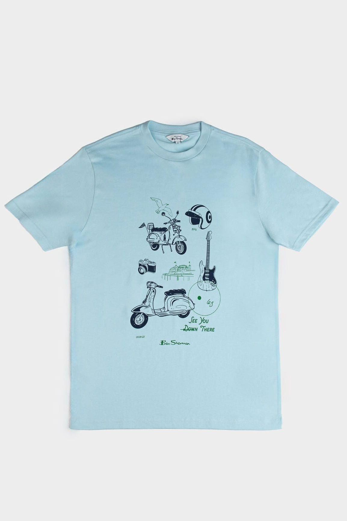 Ben Sherman Sketched Mod Zone Tee in Summit – a light blue organic cotton T-shirt featuring retro mod-inspired graphic illustrations on the chest.