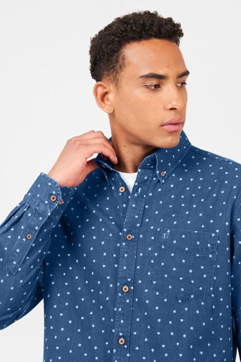 LONG SLEEVE INDIGO CARD PRINT SHIRT