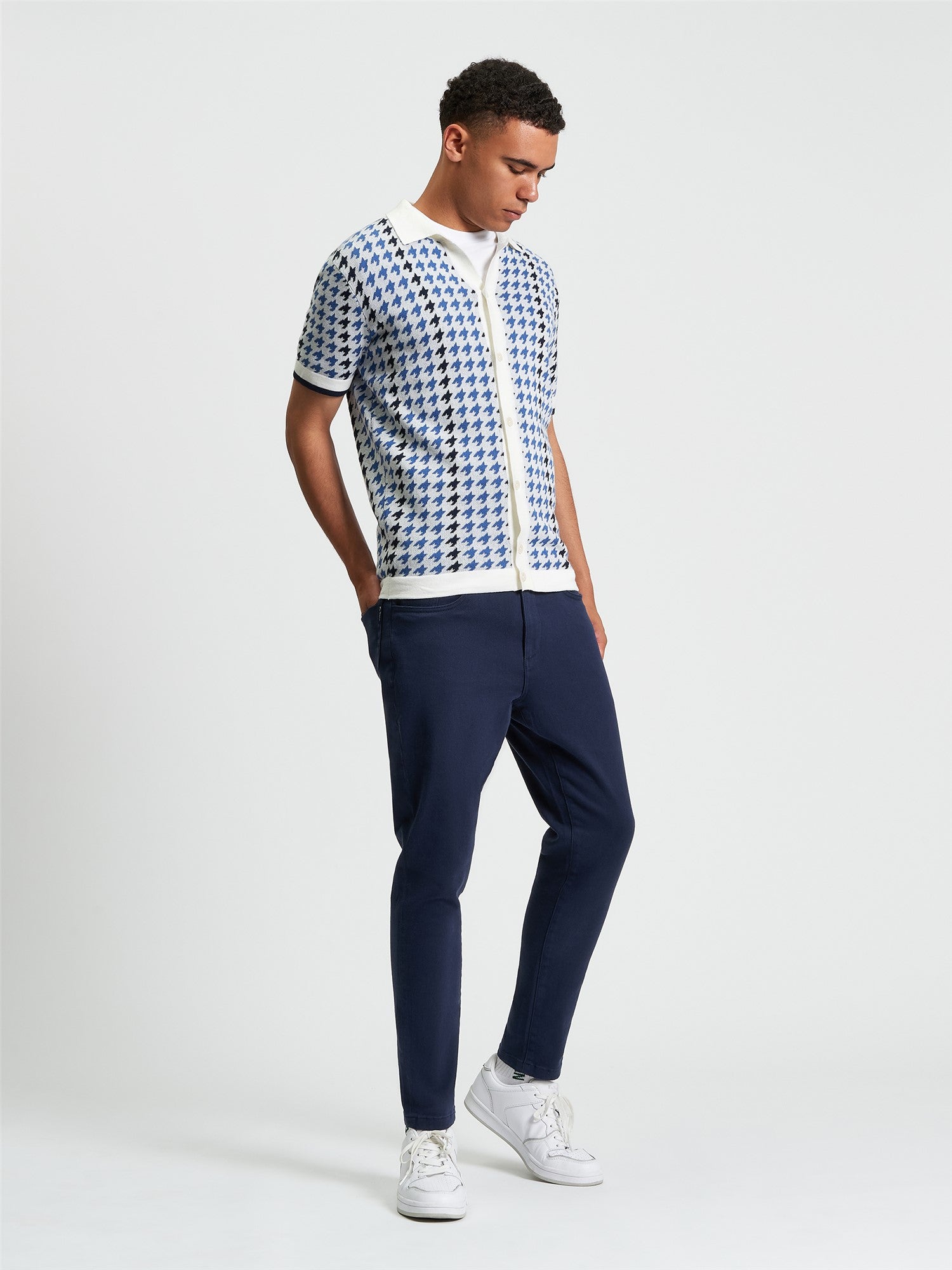 Houndstooth Button Through Polo in Ivory