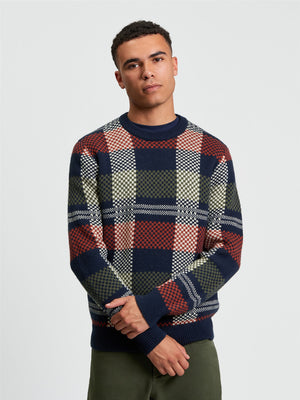 Jacquard Check Crew in Dark Navy