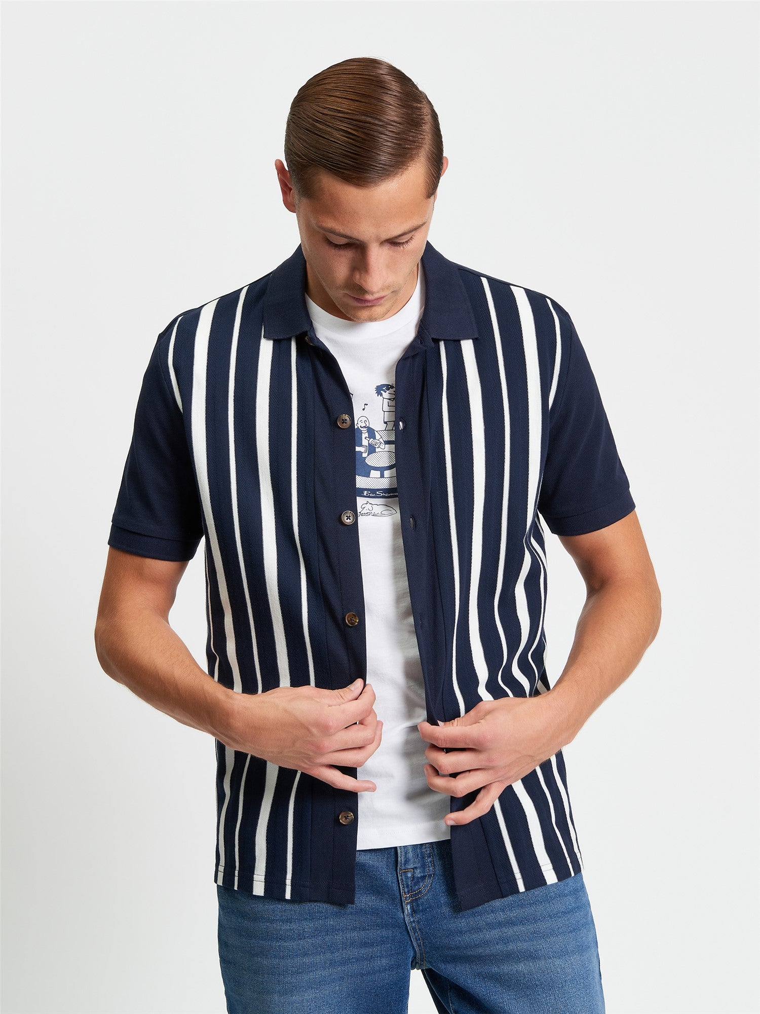 Button Through Stripe Polo in Dark Navy
