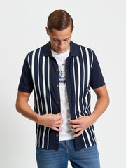 Button Through Stripe Polo in Dark Navy