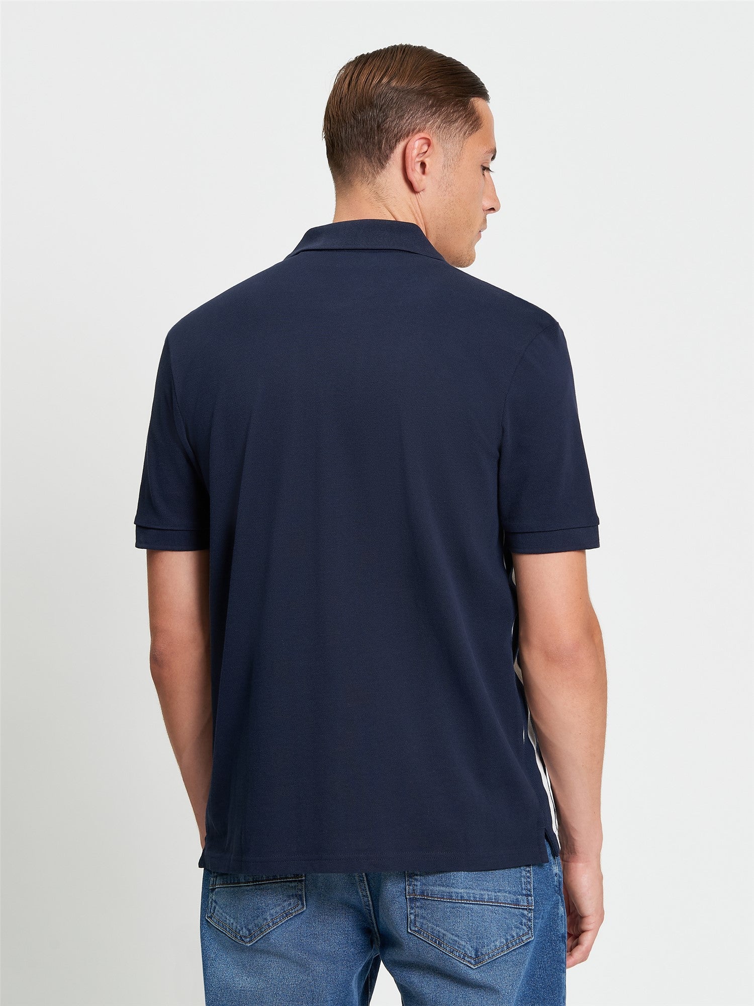 Button Through Stripe Polo in Dark Navy