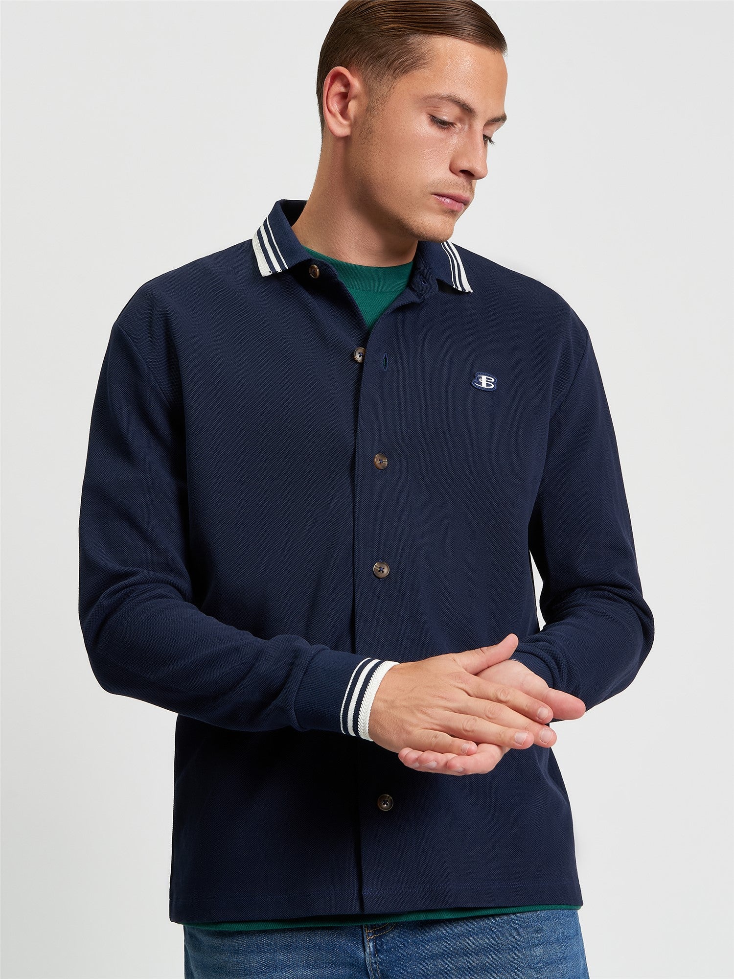 Tipped Long Sleeve Polo in Snow White