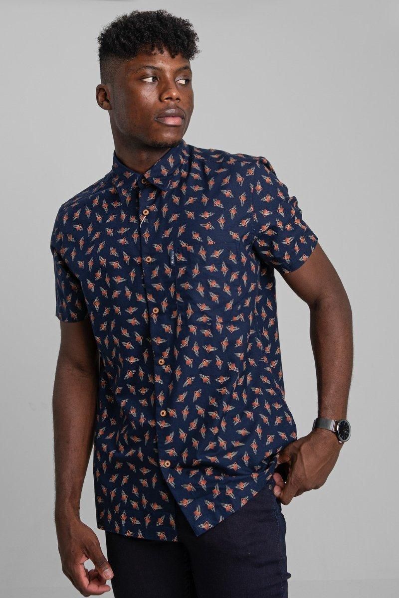 Ben Sherman Men's Art Deco Geo Print Shirt in Dark Navy - Front View