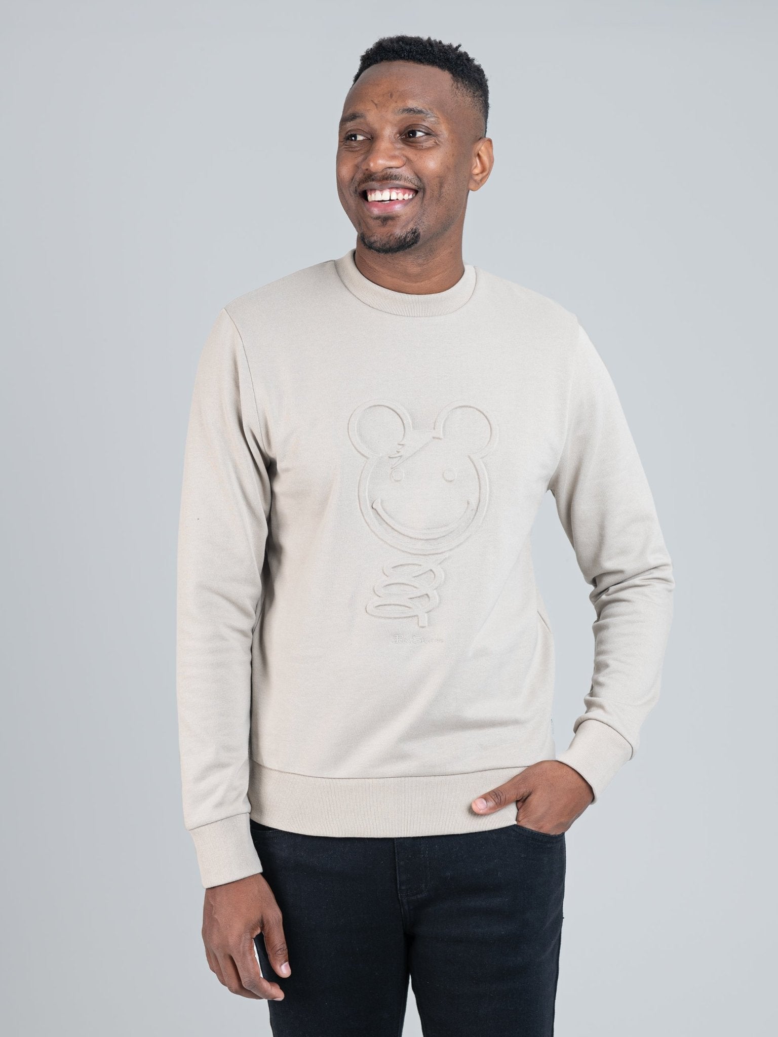 Embossed 3D Happy Bear Crew Sweater - Sustained Grey