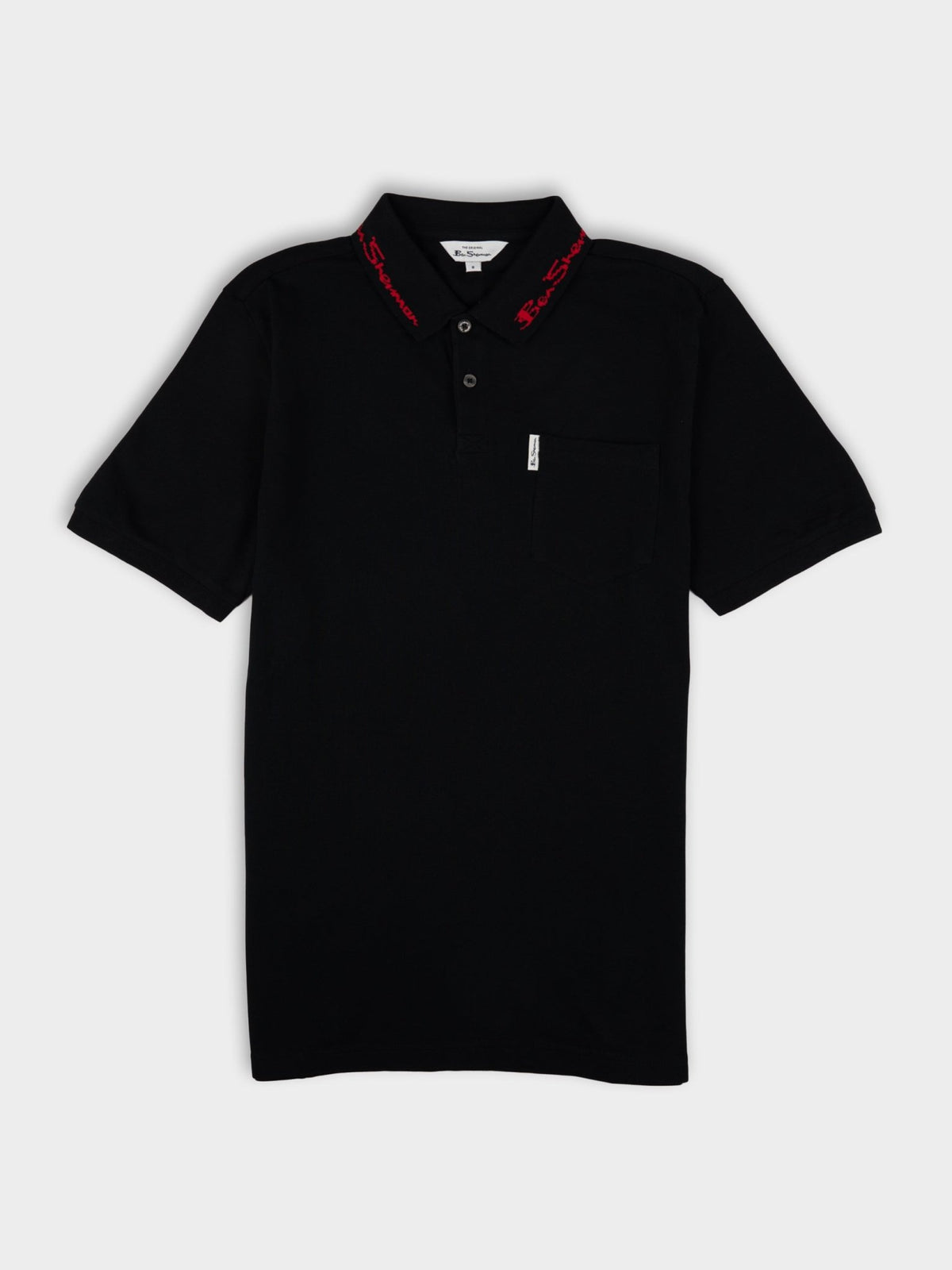Ben Sherman Benjamin Polo in Black - men's short sleeve textured piqué polo shirt with collar branding and chest pocket