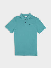 Ben Sherman cotton pique polo shirt in Aqua Teal, front view showing the embroidered script logo, two-button placket and flat knit collar