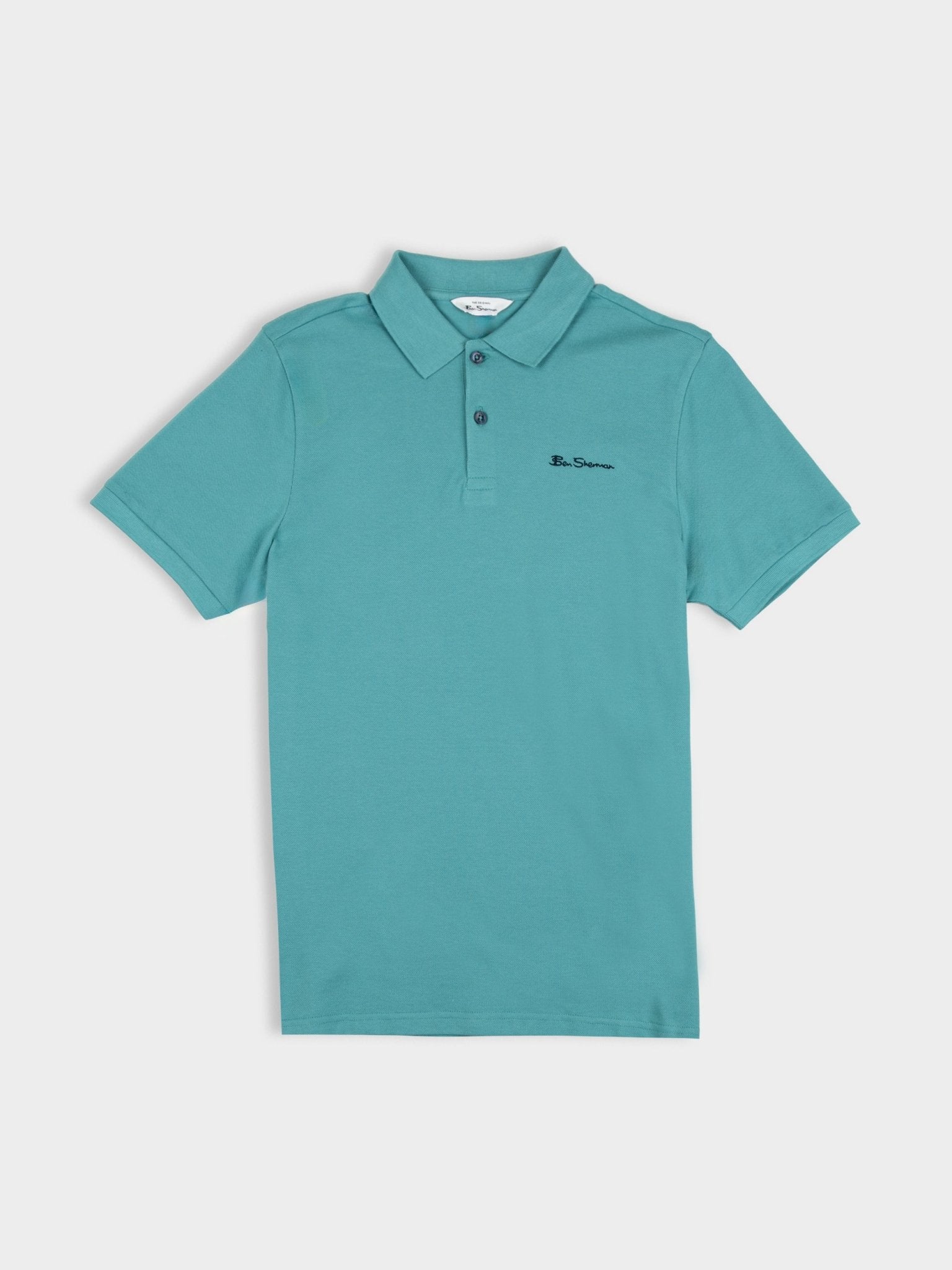 Ben Sherman cotton pique polo shirt in Aqua Teal, front view showing the embroidered script logo, two-button placket and flat knit collar