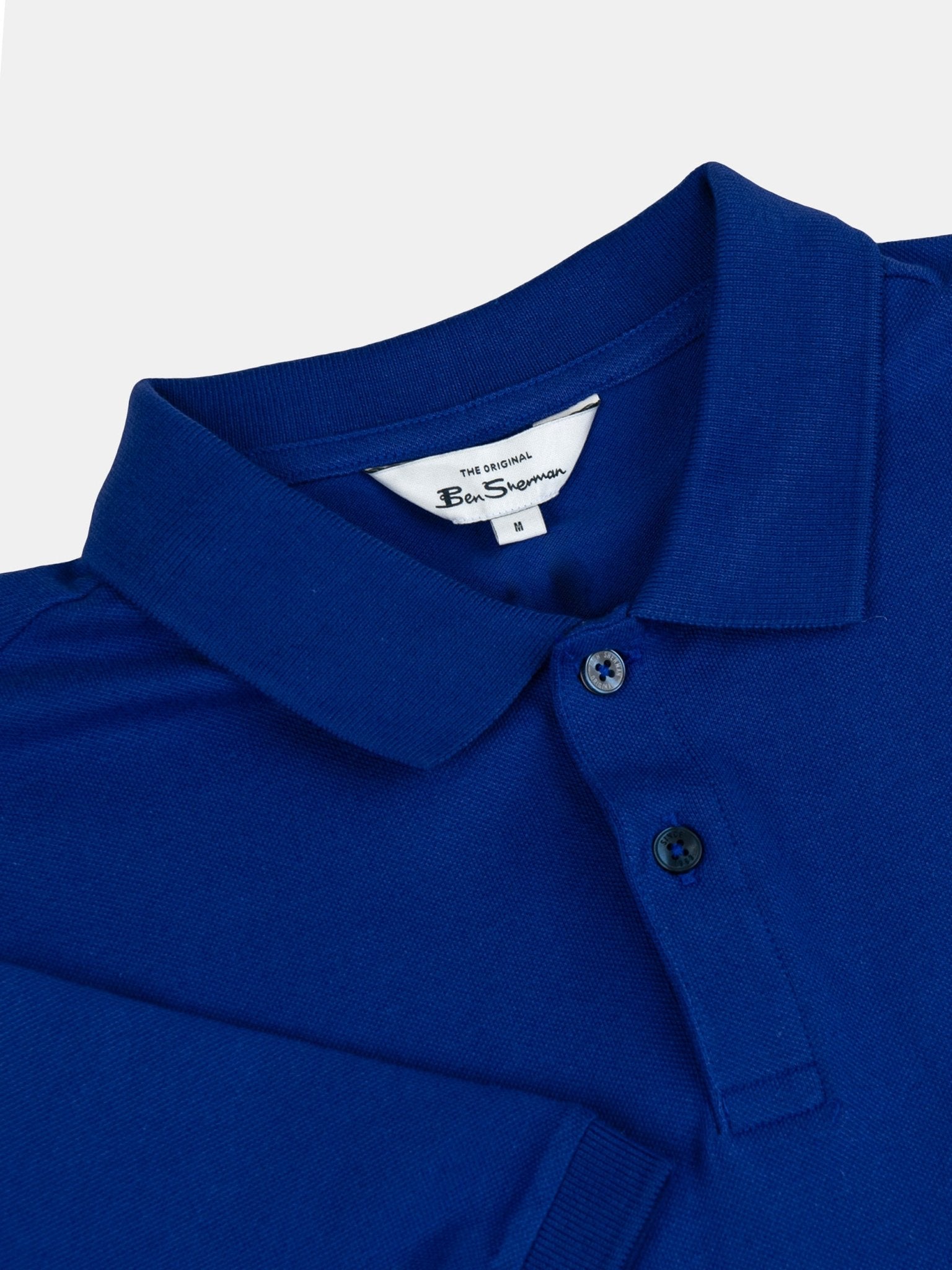 Ben Sherman Ben Polo in Crest Blue, close-up detail of collar and two-button fastening