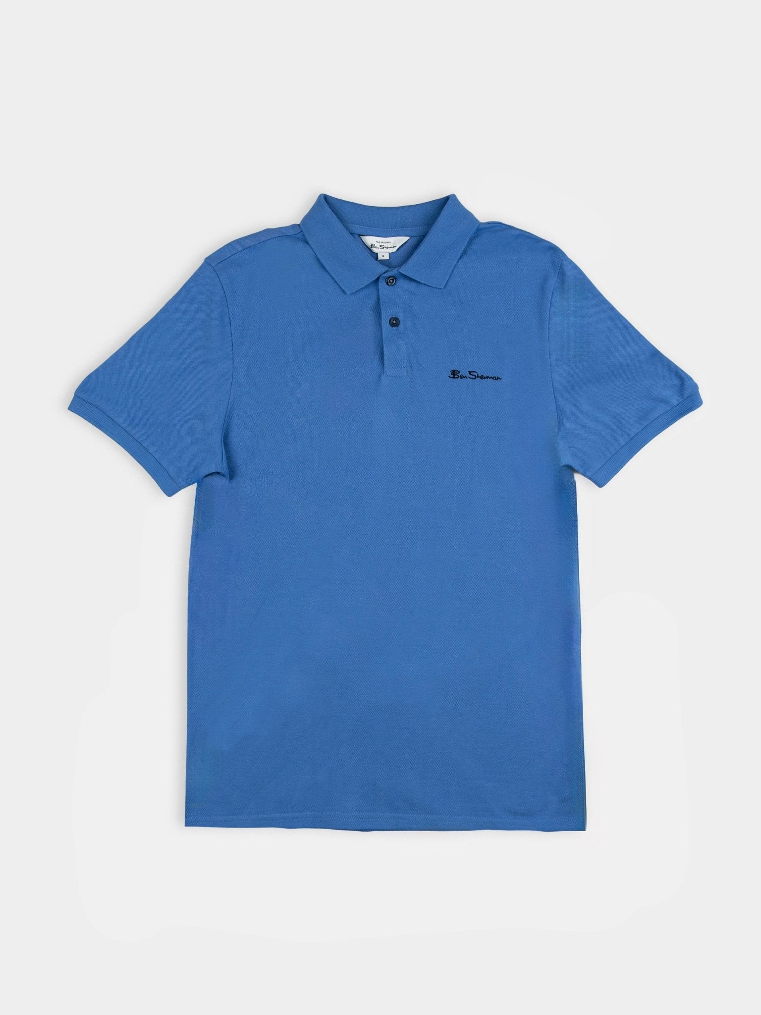 Ben Sherman Ben Polo in New English Blue, men's short sleeve cotton pique polo shirt front view