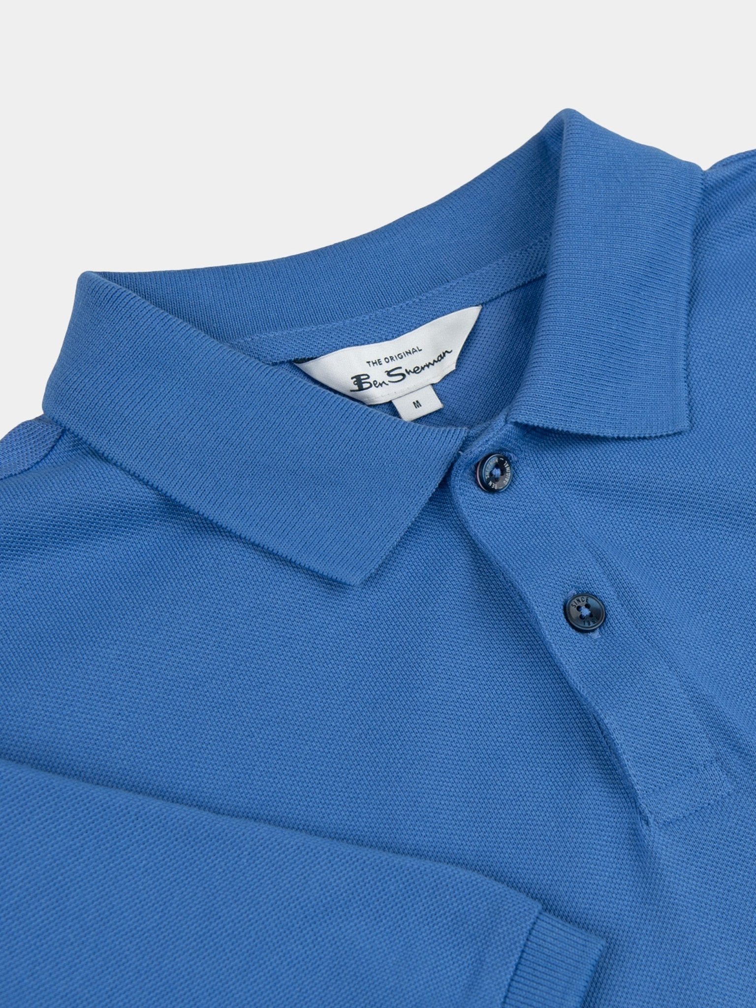 Ben Sherman New English Blue Polo Shirt – Close-up of Flat Knit Collar and Button Placket