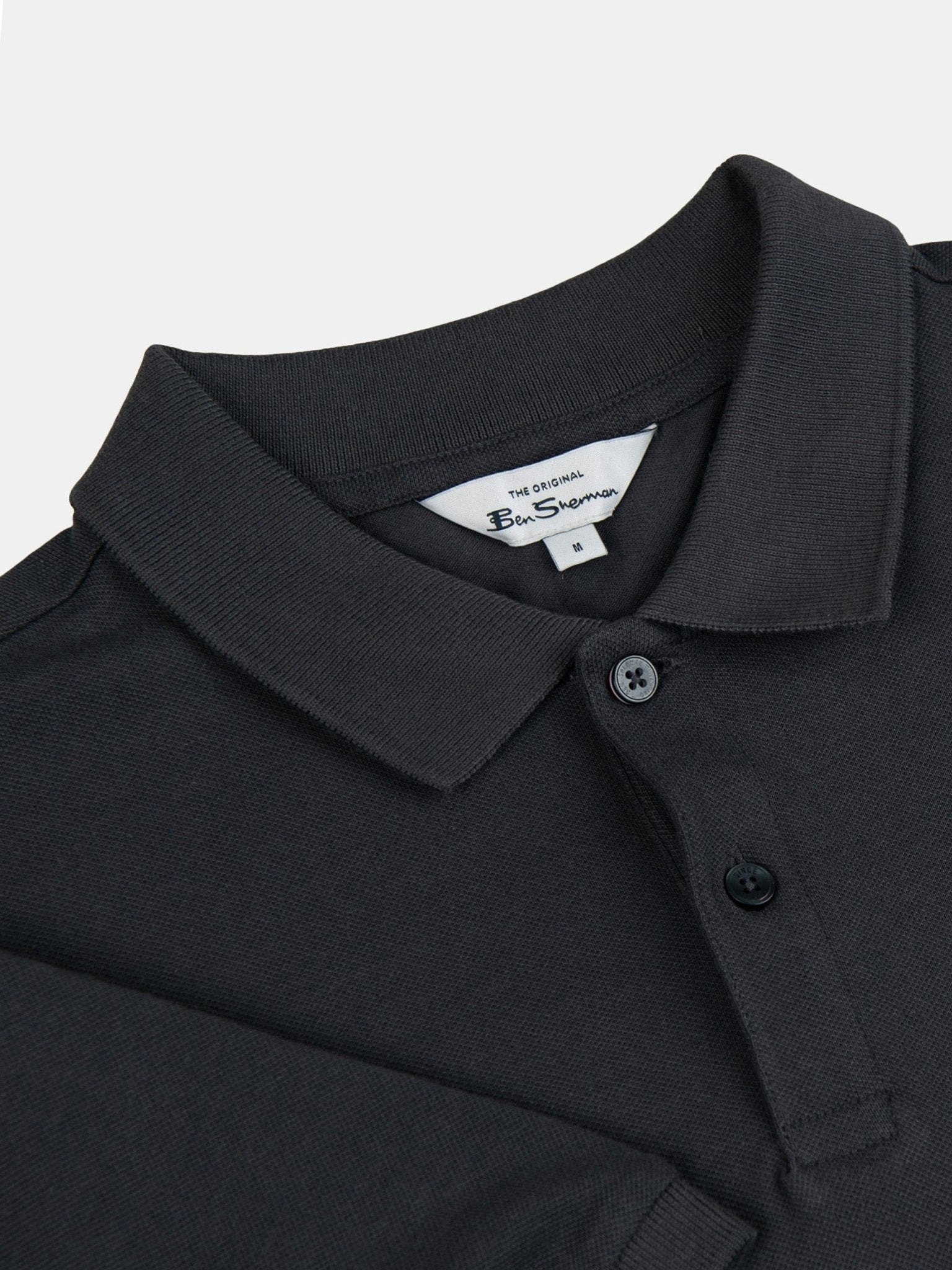 Ben Sherman Ben Polo Tarmac Grey - close-up of flat knit collar, two-button fastening and piqué cotton fabric detail