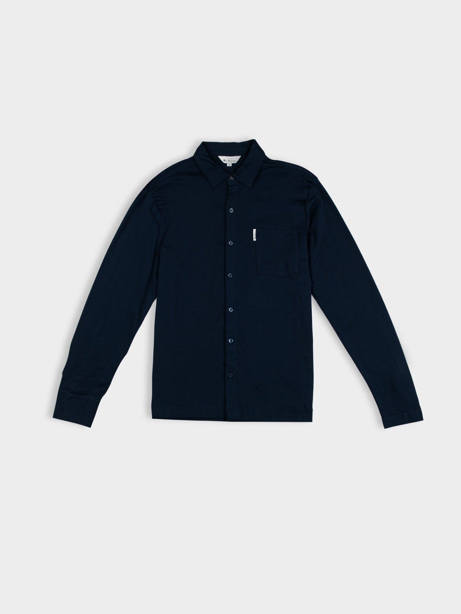 Ben Sherman Double Knit Interlock Long Sleeve Shirt in Navy - front view, classic collar and button-through front