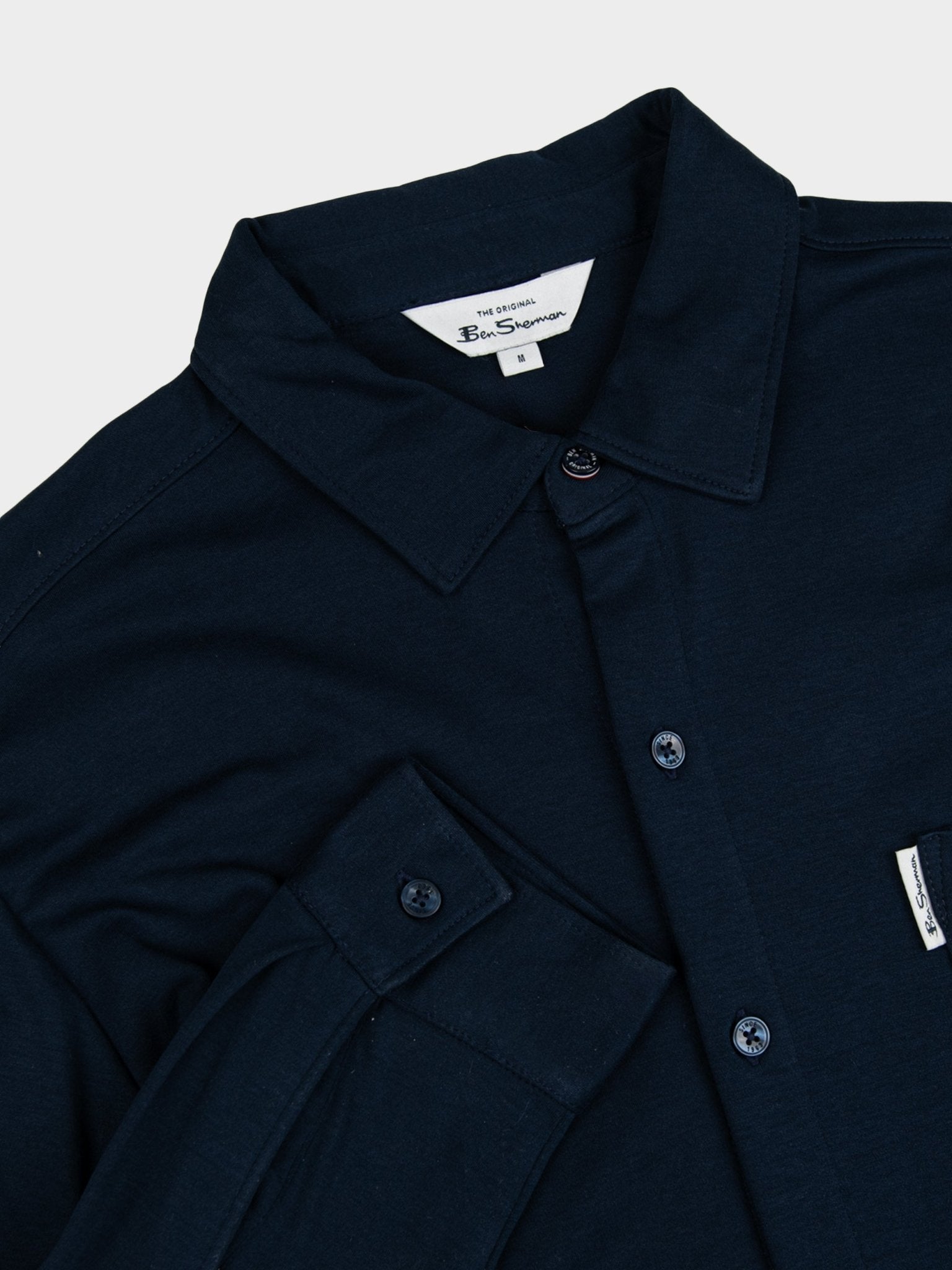 Ben Sherman Double Knit Interlock Long Sleeve Shirt Navy - close-up of collar, single chest pocket and Ben Sherman branding