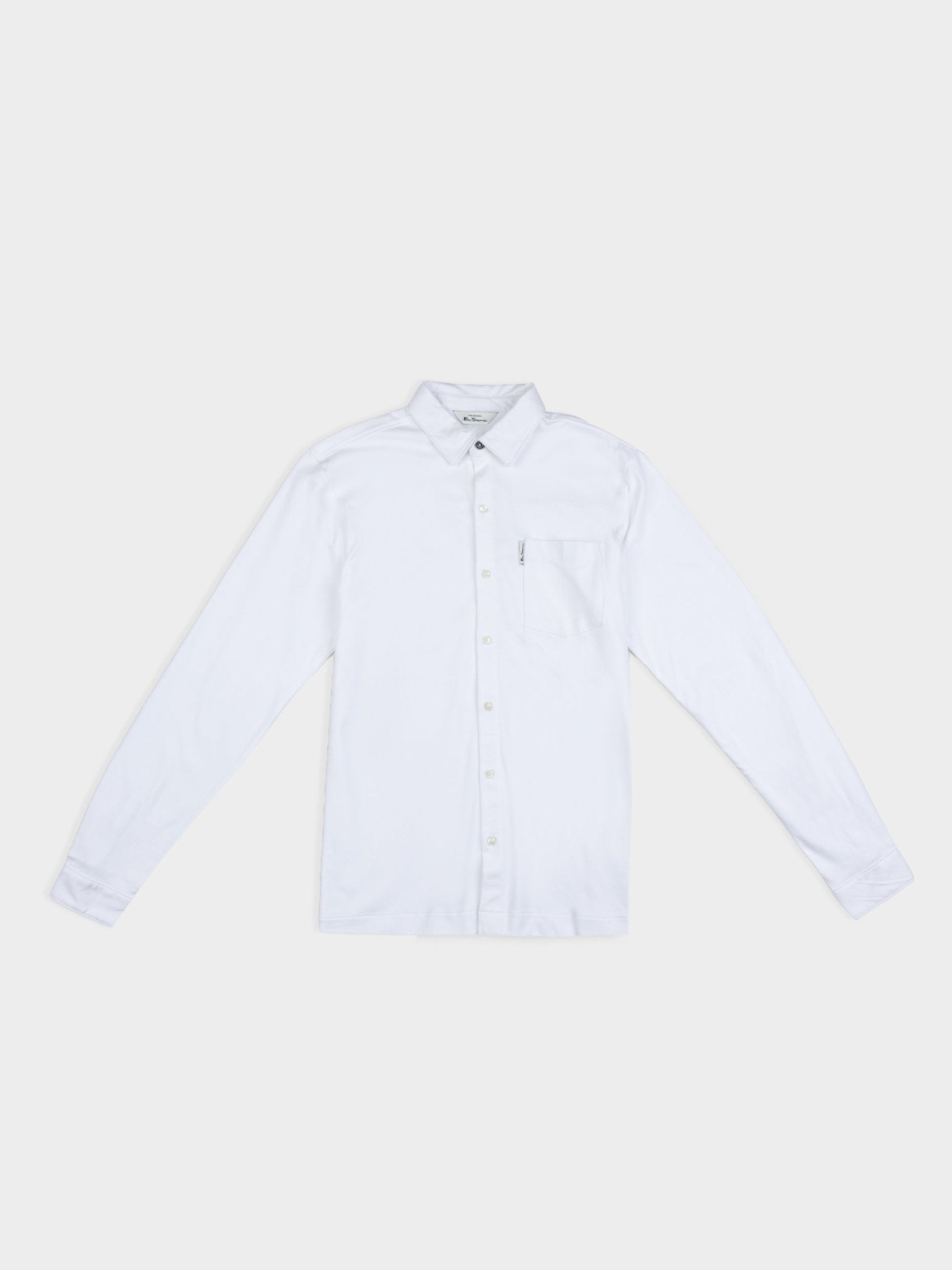 Ben Sherman Double Knit Interlock Long Sleeve Shirt in White - front view, classic collar and button-through front