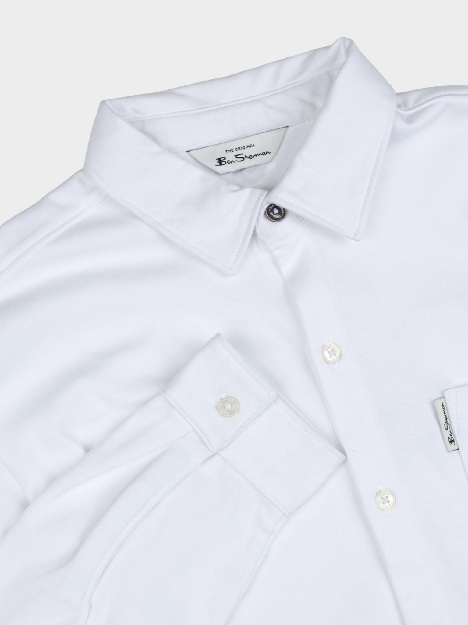 Ben Sherman Double Knit Interlock Long Sleeve Shirt White - close-up of collar, single chest pocket and Ben Sherman branding