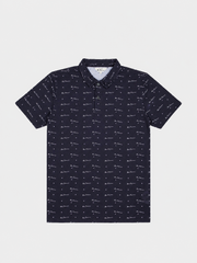 Ben Sherman Target All Over Print Polo in Black – front view, men's short-sleeve polo shirt with all-over logo print