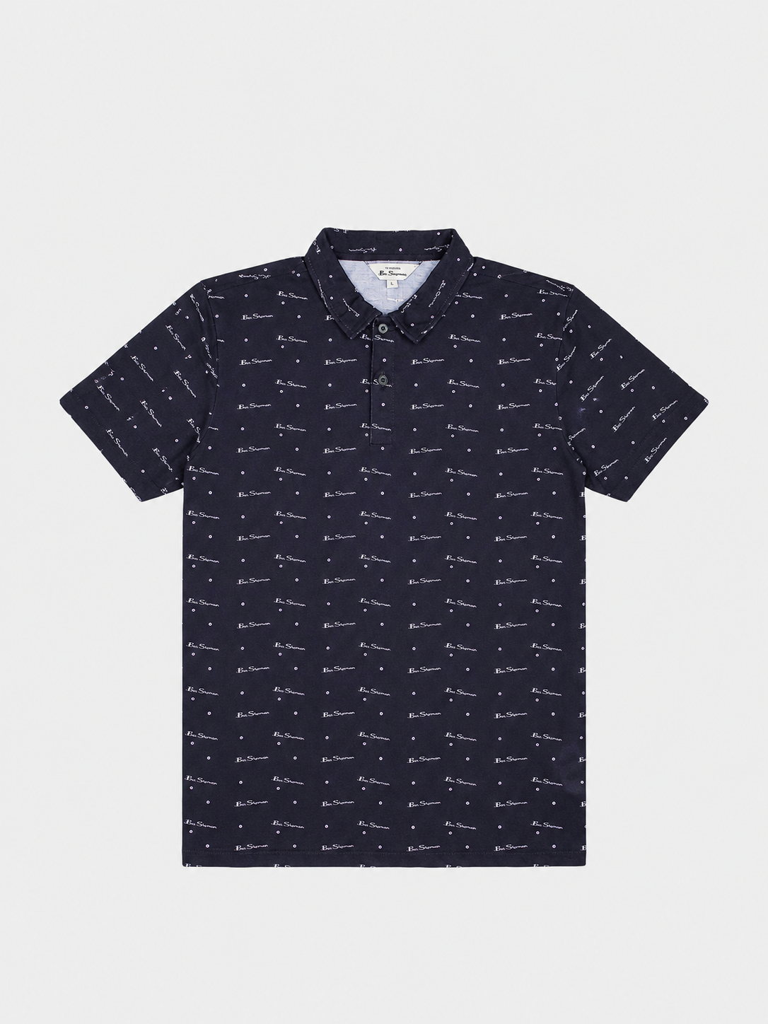 Ben Sherman Target All Over Print Polo in Black – front view, men's short-sleeve polo shirt with all-over logo print