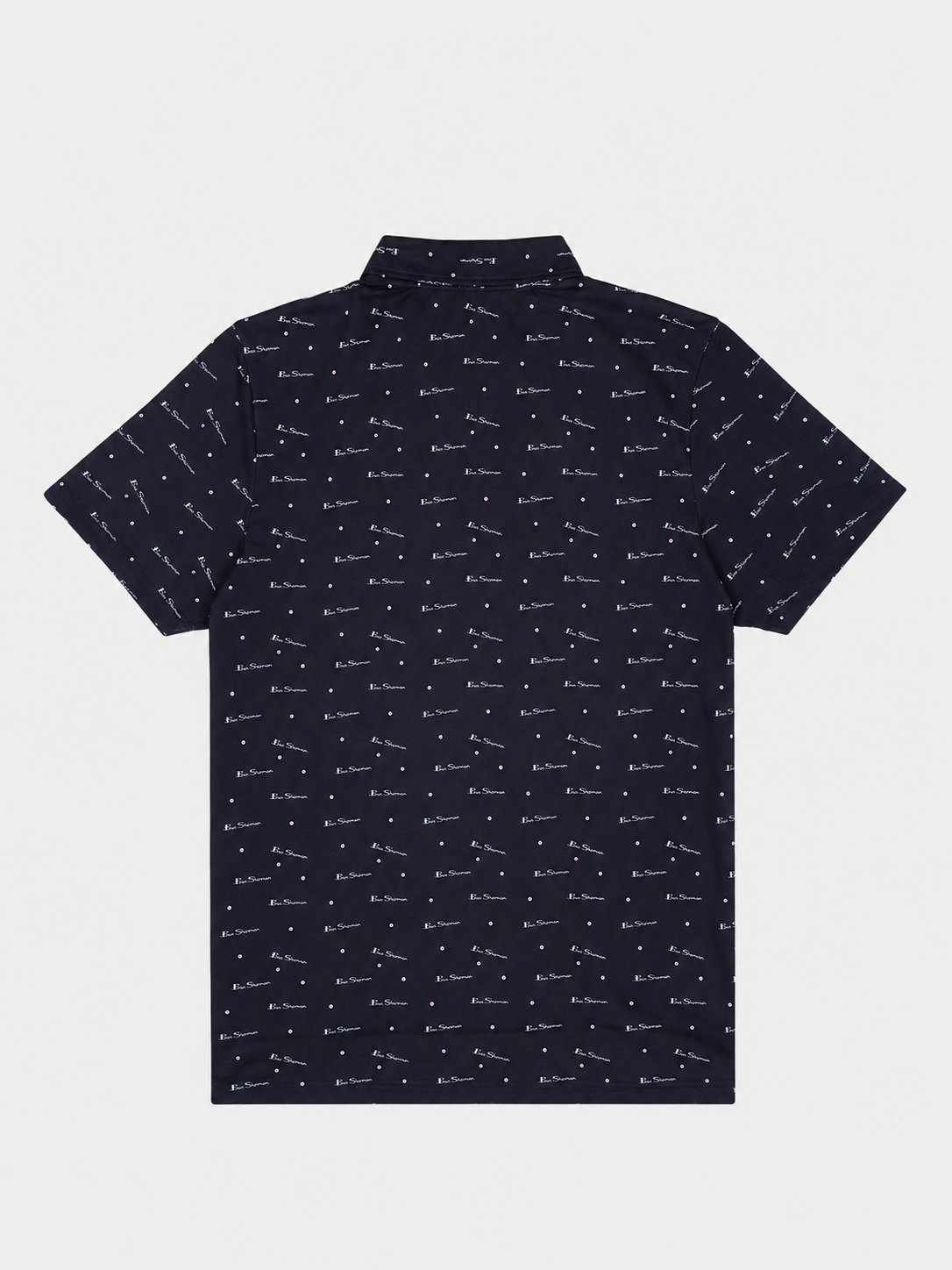 Ben Sherman Target All Over Print Polo in Black – back view, men's short-sleeve polo shirt with all-over logo print