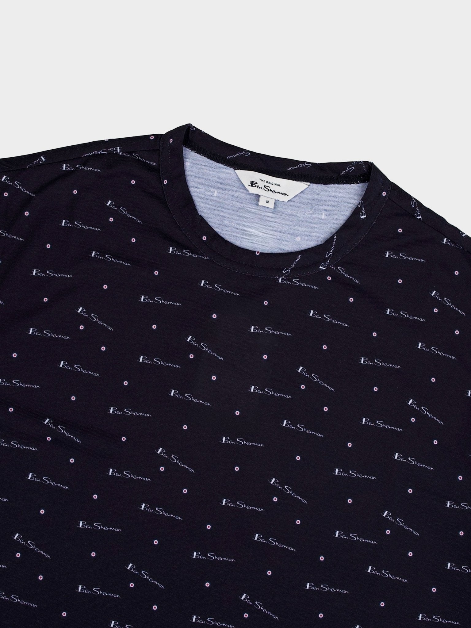 Ben Sherman All Over Print T-Shirt Black - close-up detail of crew neckline and all-over branded logo print