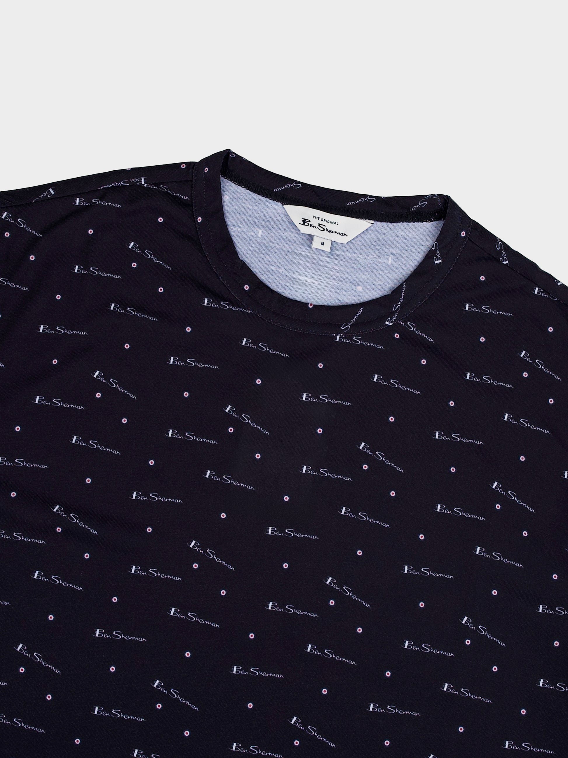 Ben Sherman All Over Print T-Shirt Black - close-up detail of crew neckline and all-over branded logo print