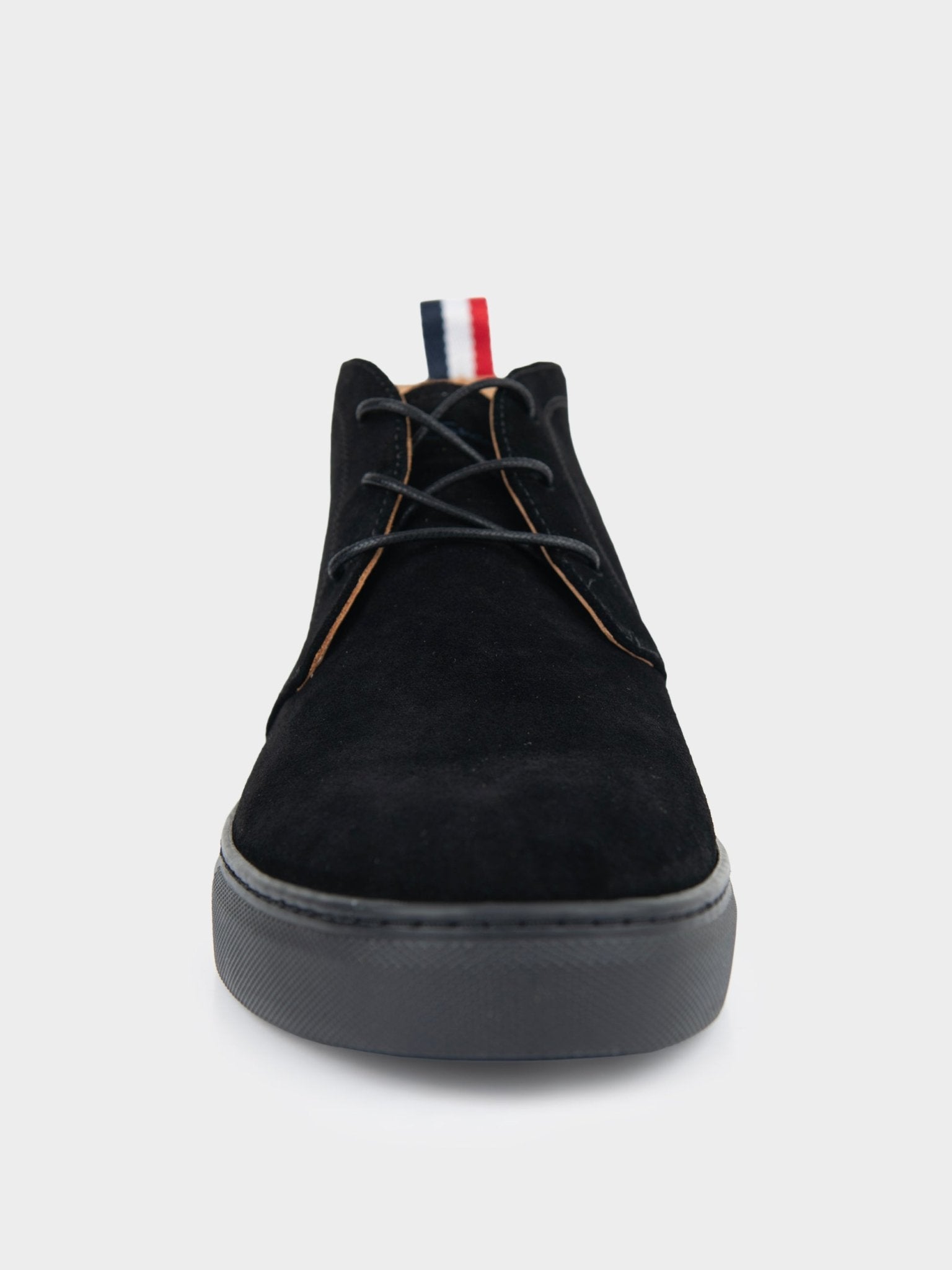 Ben Sherman Sugarman suede chukka boot in black, front view showing laces and signature stripe tab