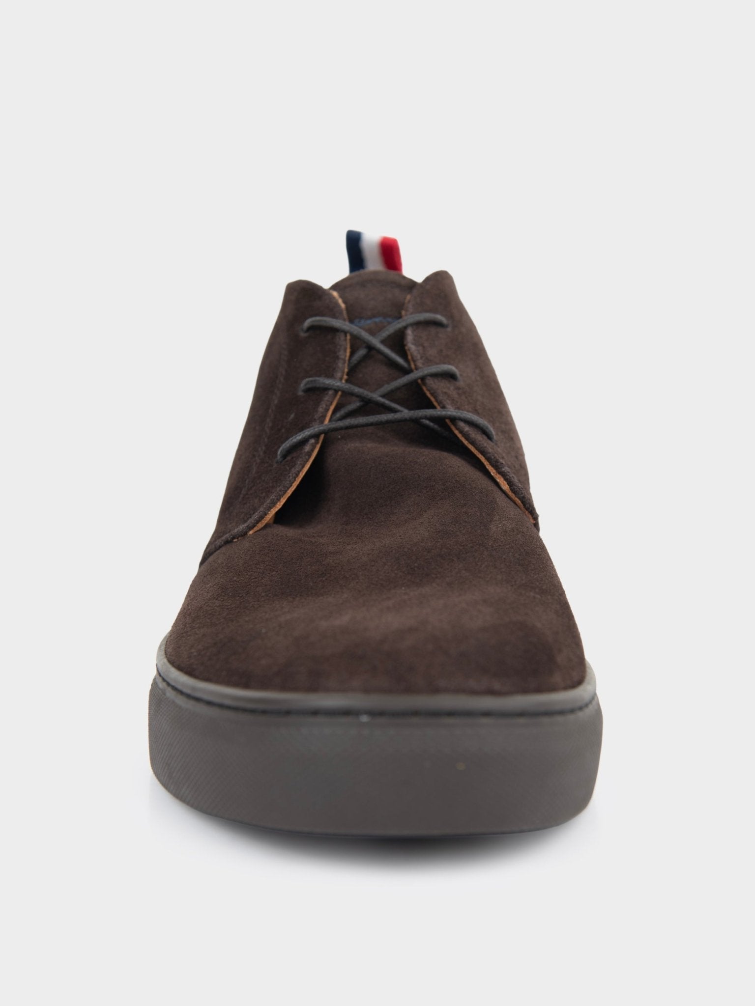 Ben Sherman Sugarman suede chukka boot in brown, front view showing laces and signature stripe tab