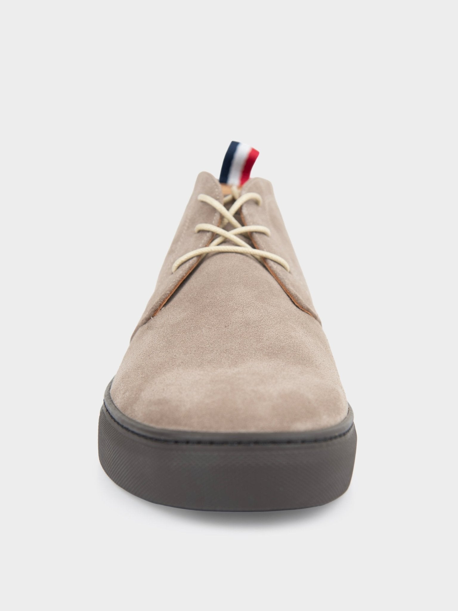 Ben Sherman Sugarman suede chukka boot in taupe, front view showing laces and signature stripe tab