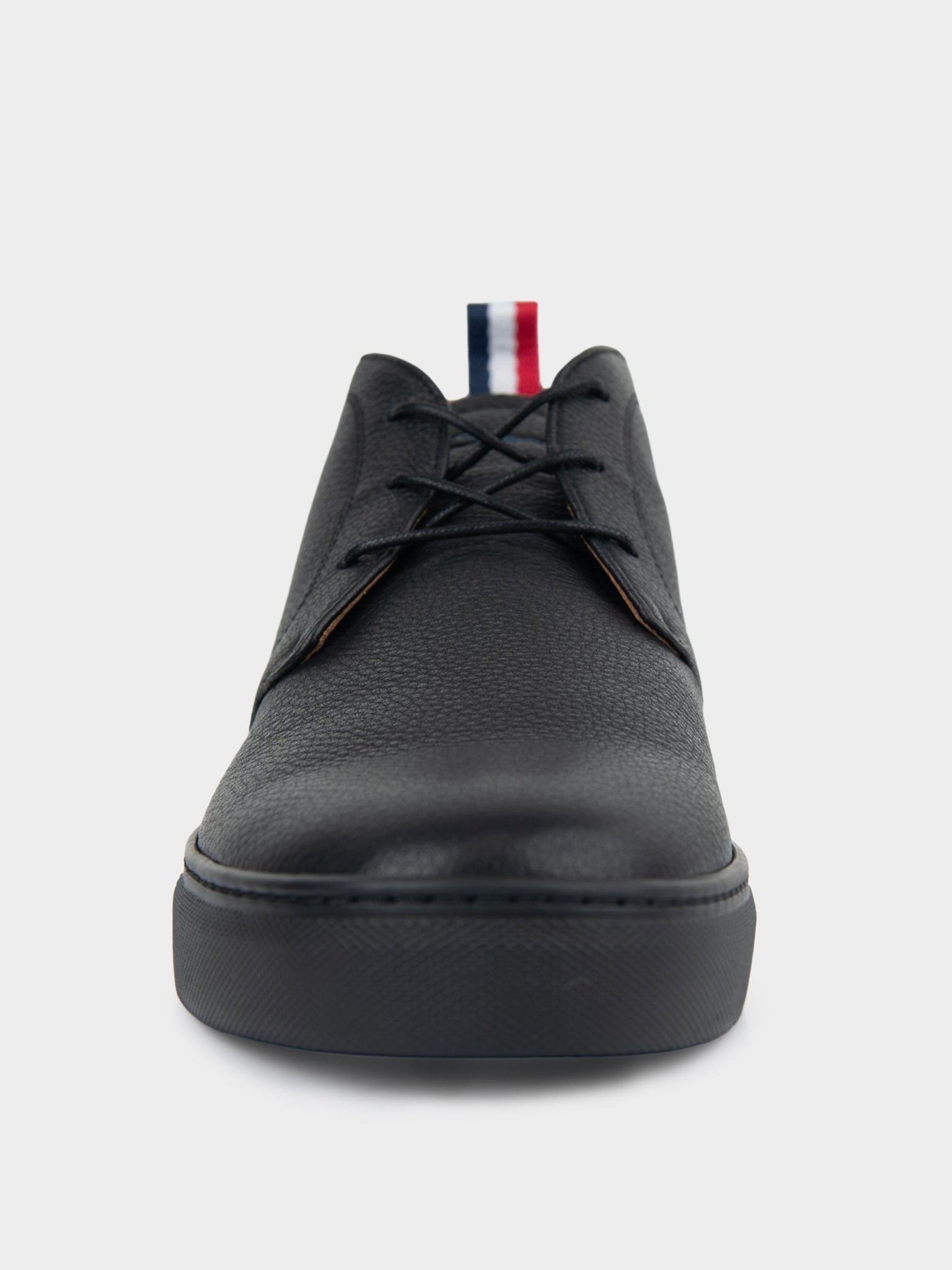 Ben Sherman Brighton grain leather boot in black, front view showing laces and signature stripe tab