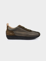 Ben Sherman Henry leather suede lace-up sneaker in olive and brown, side profile view
