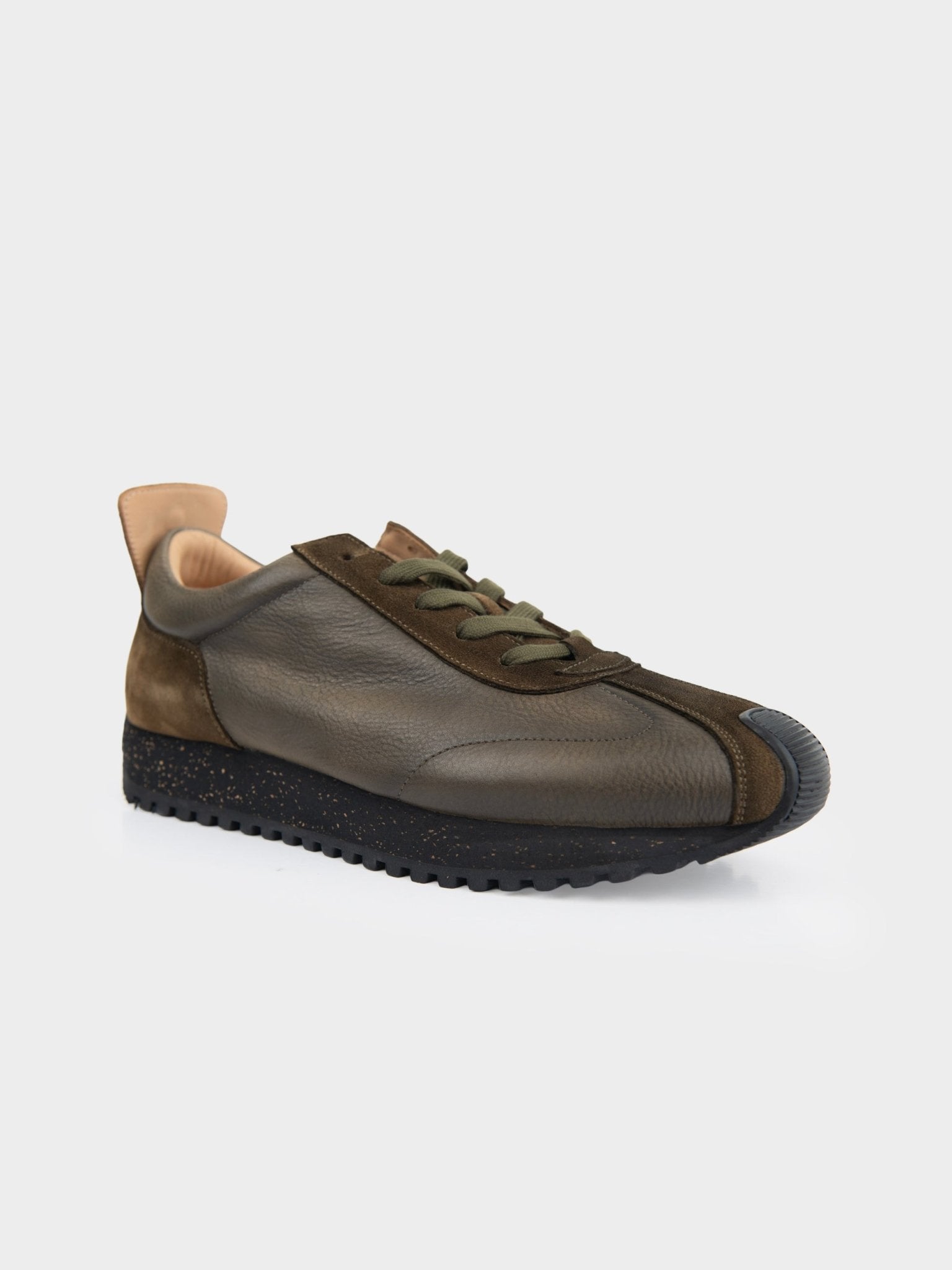 Ben Sherman Henry leather suede lace-up sneaker in olive and brown, front three-quarter angle view