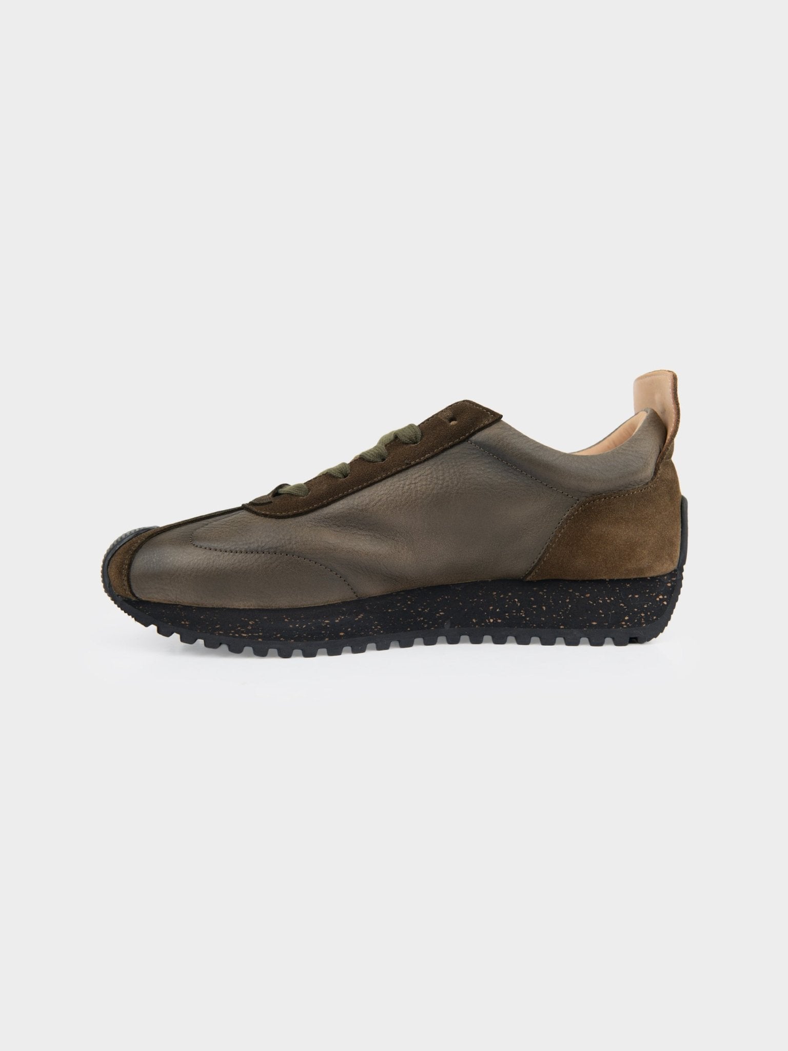 Ben Sherman Henry leather suede lace-up sneaker in olive and brown, inner side view