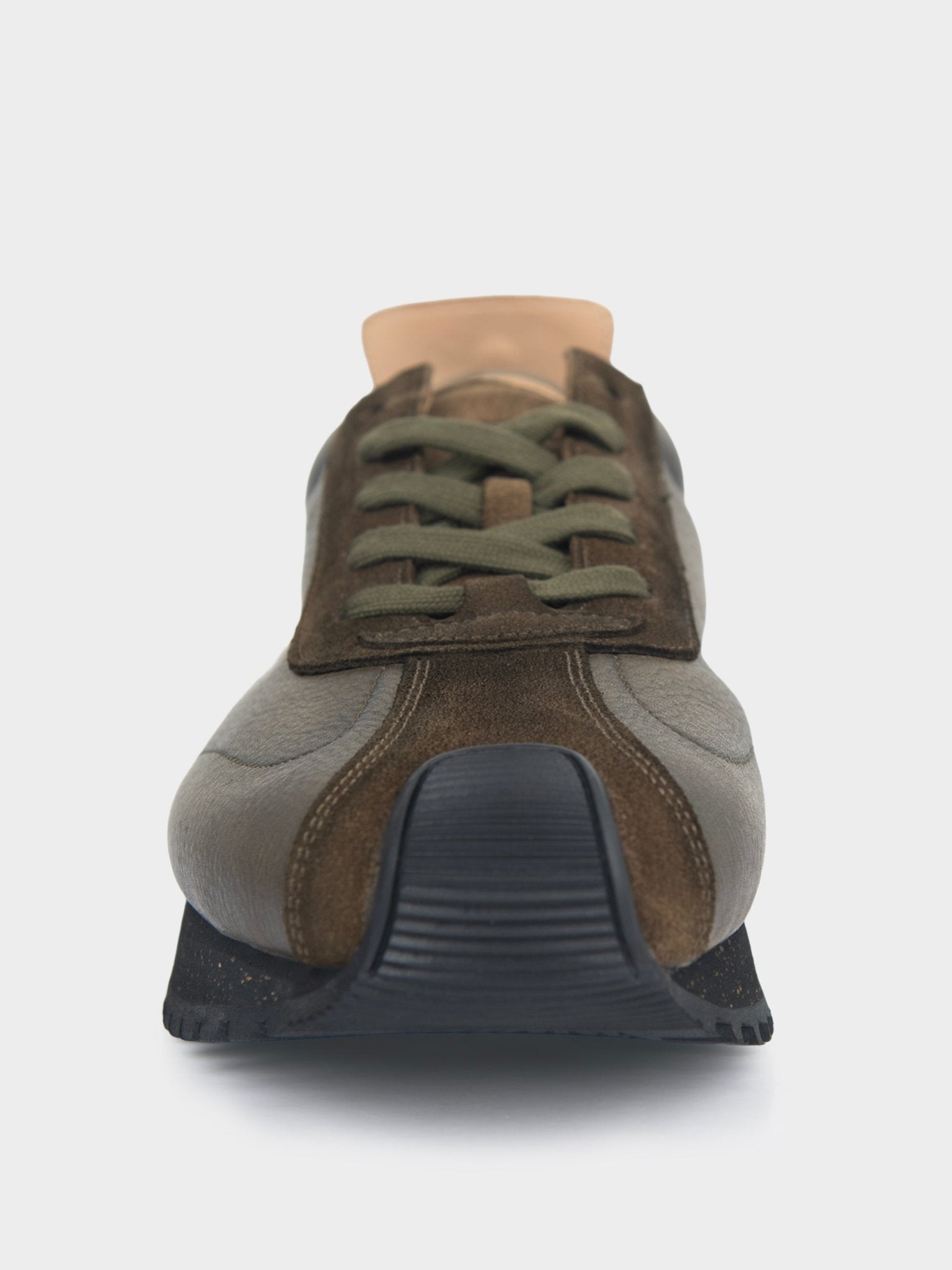Ben Sherman Henry leather suede lace-up sneaker in olive and brown, front view showing laces
