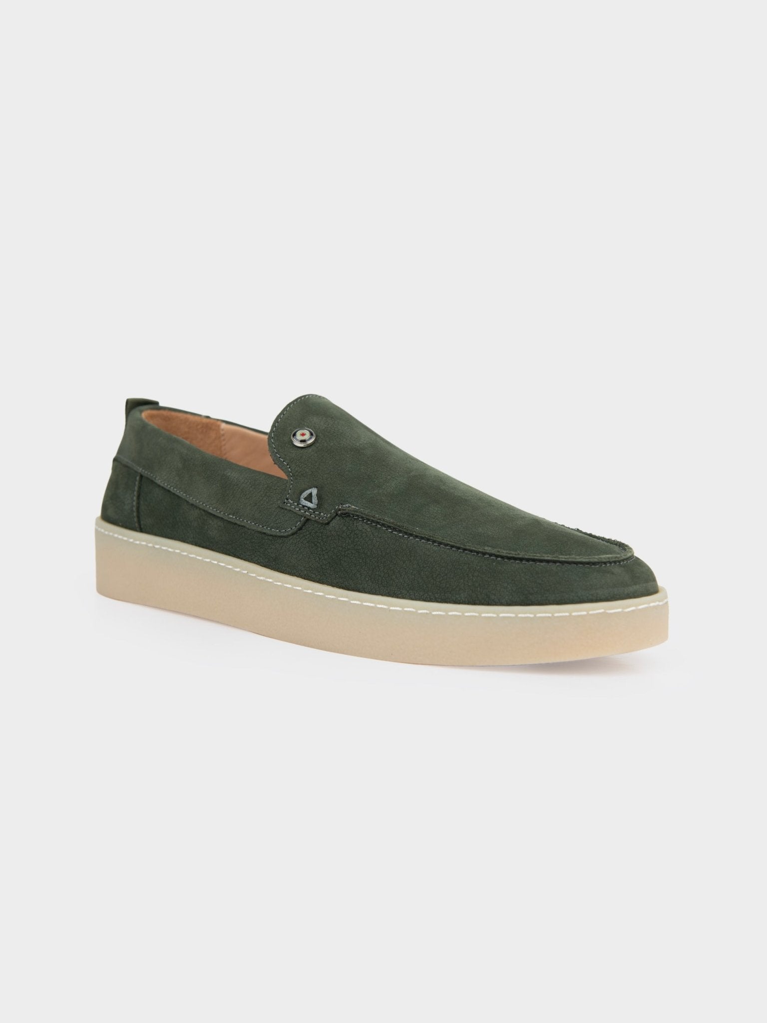 Ben Sherman William olive suede slip-on loafer – three-quarter front angle