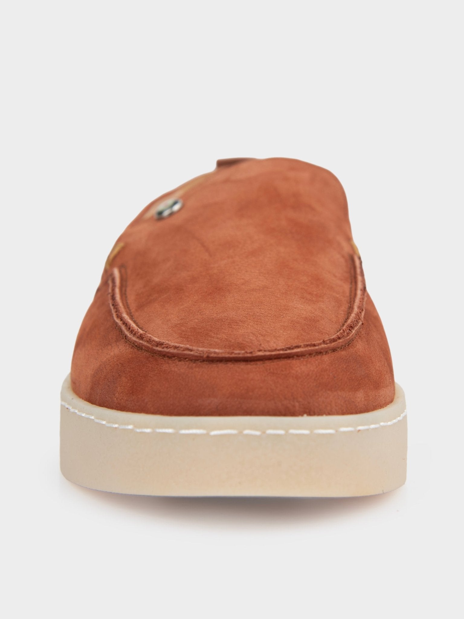 Ben Sherman William Leather Slip On in Rust, front-on view showing the rounded toe and white stitched cup sole