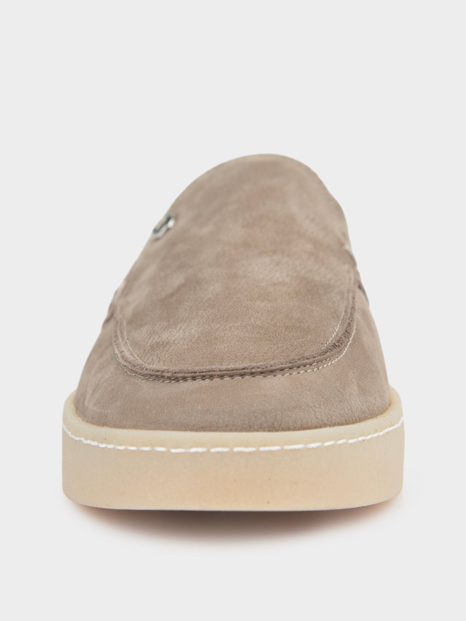 Ben Sherman William Leather Slip On in Taupe, front-on view showing the rounded toe and white stitched cup sole