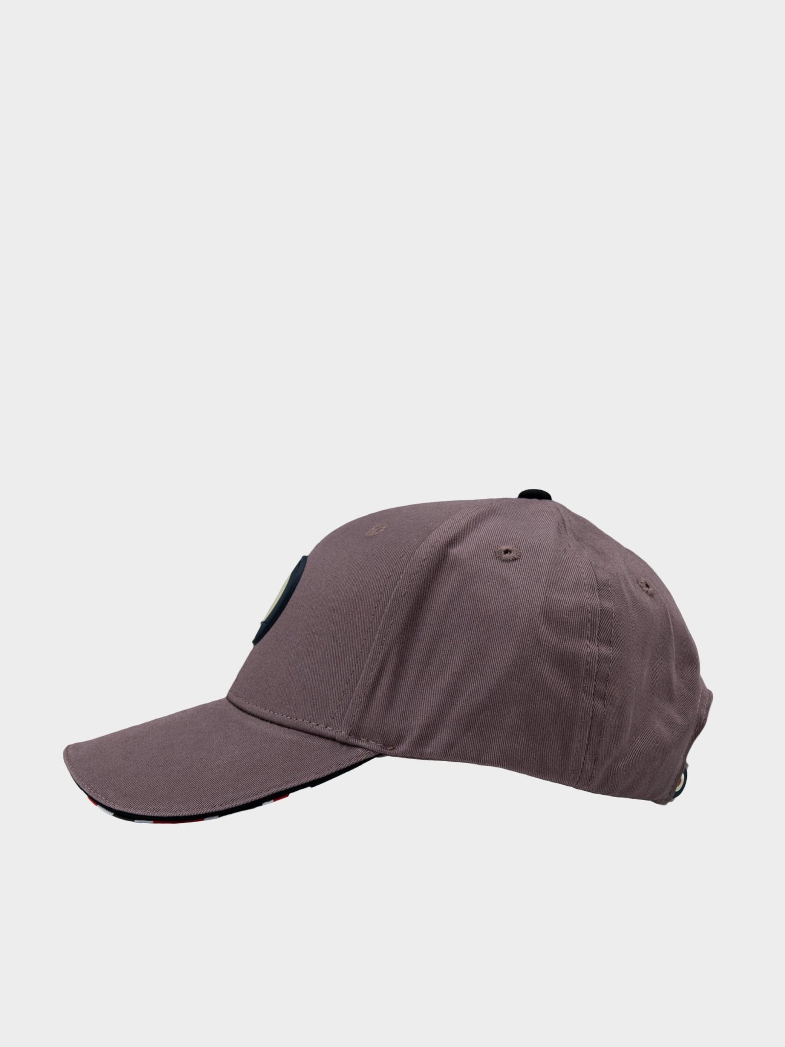 Side view of Ben Sherman Adult Targy Peak Cap in Cocoa Powder with Union Jack under-peak lining