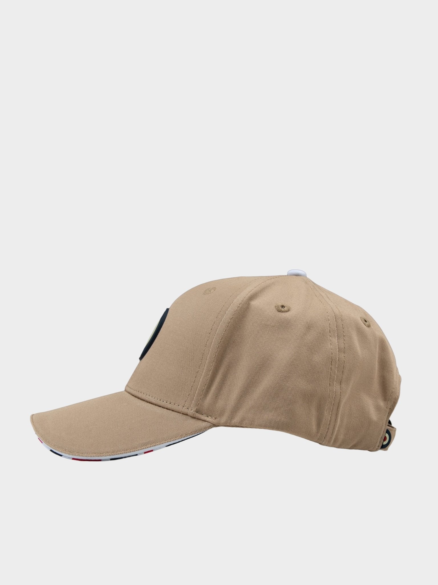 Side view of Ben Sherman Adult Targy Peak Cap in Cornstalk with Union Jack under-peak lining