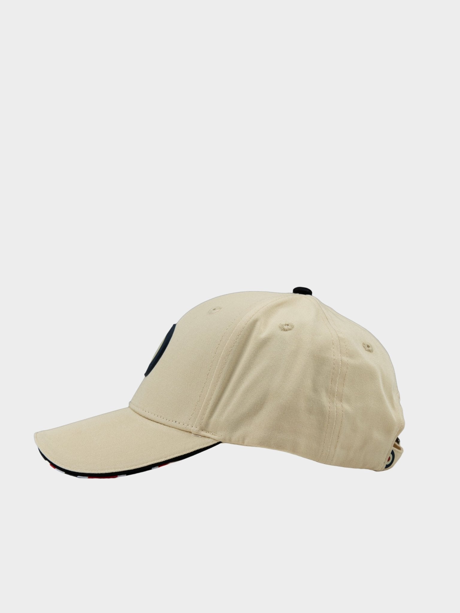 Side view of Ben Sherman Adult Targy Peak Cap in Wax with Union Jack under-peak detail