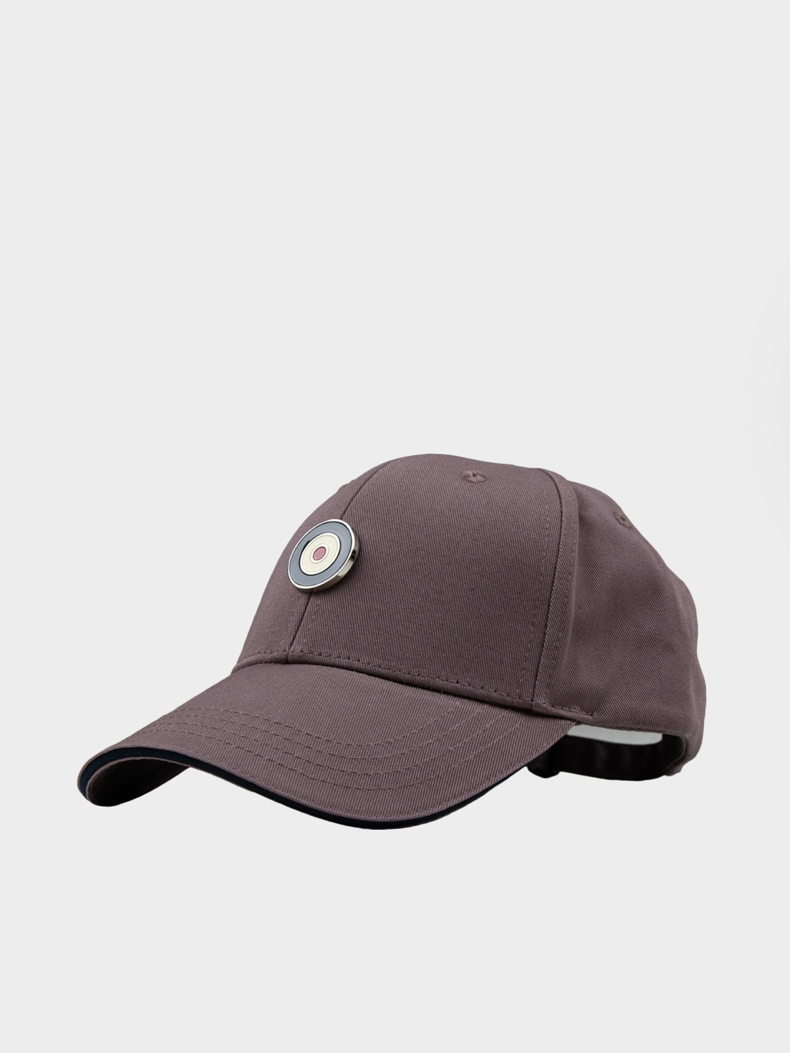 Ben Sherman Metal Target Badge Cap in Cocoa Powder with embroidered metal target logo and curved brim