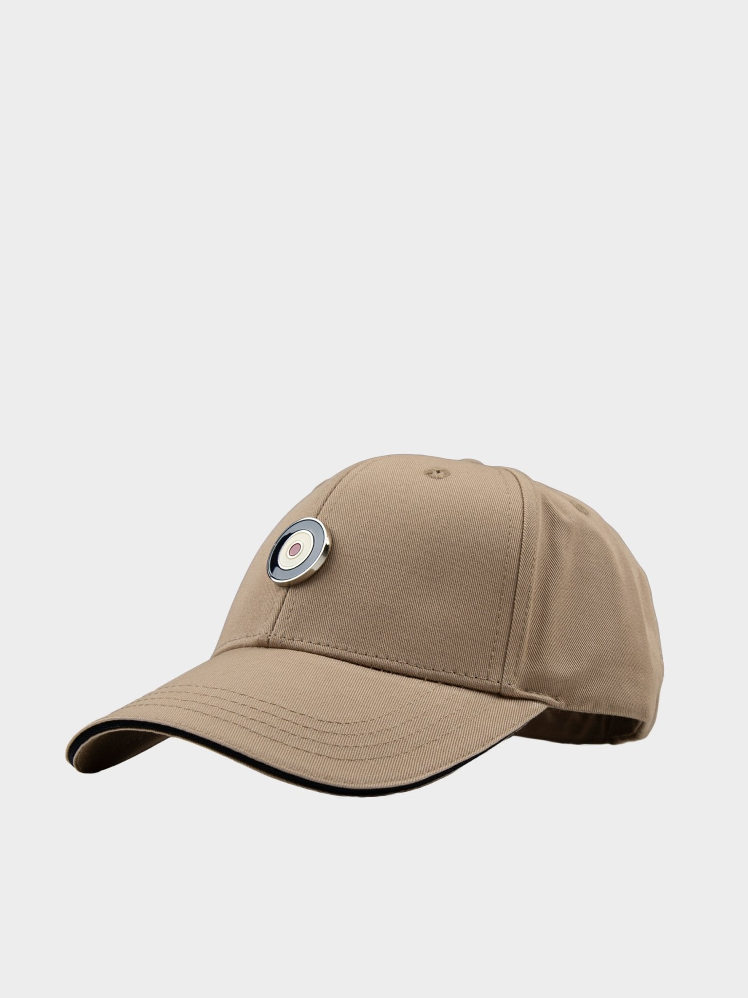 Ben Sherman Metal Target Badge Cap in Cornstalk with embroidered metal target logo and curved brim