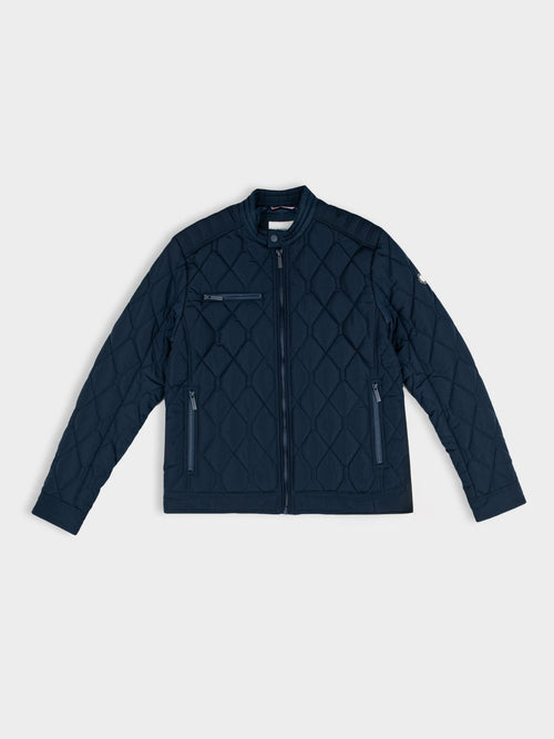 Ben Sherman Quilted Bomber Jacket in Navy, front view showing diamond quilting, full zip and zip pockets
