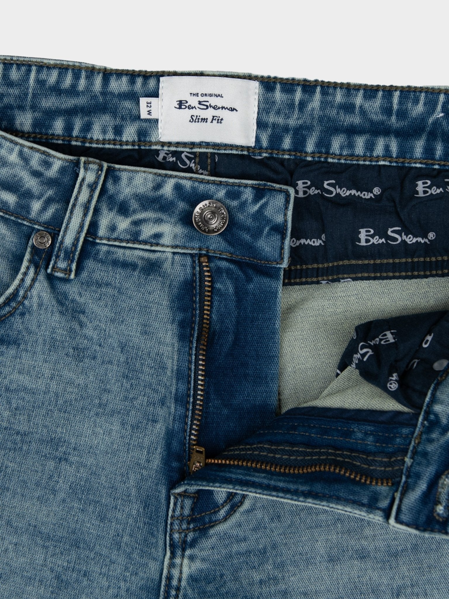 SLIM FIT SAND WASH DENIM - Mid Blue