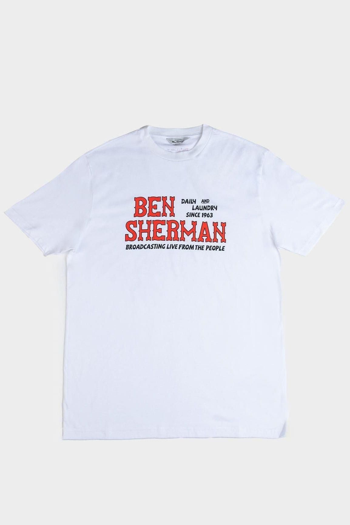 Flat lay of the Ben Sherman Wanderers Tee in white featuring a bold red and black chest graphic that reads “Ben Sherman – Broadcasting Live from the People Since 1963.