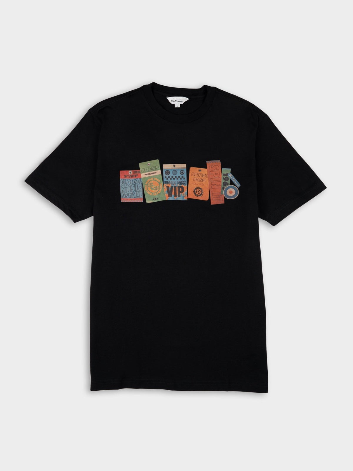 Ben Sherman Festival Pass Tee Shirt in Black - men's crew-neck graphic T-shirt with vintage festival pass print