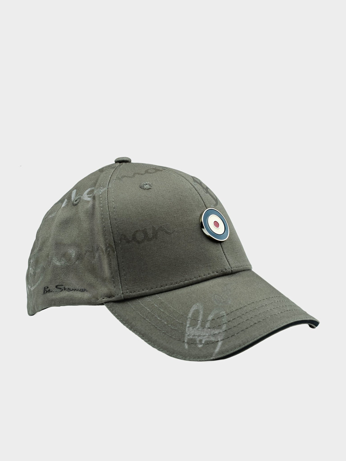 Ben Sherman George Plastisol Cap in Olive - all-over signature print baseball cap with target badge and snapback closure