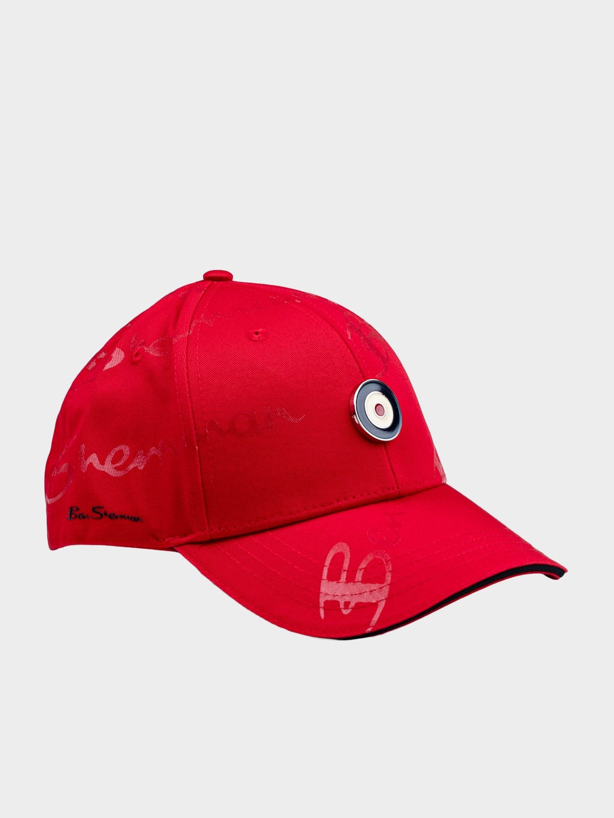 Ben Sherman George Plastisol Cap in Red - all-over signature print baseball cap with target badge and snapback closure