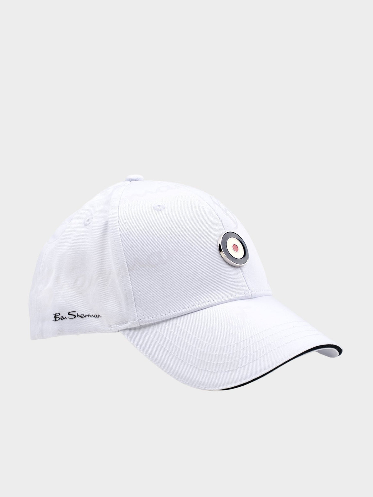 Ben Sherman George Plastisol Cap in White - all-over signature print baseball cap with target badge and snapback closure