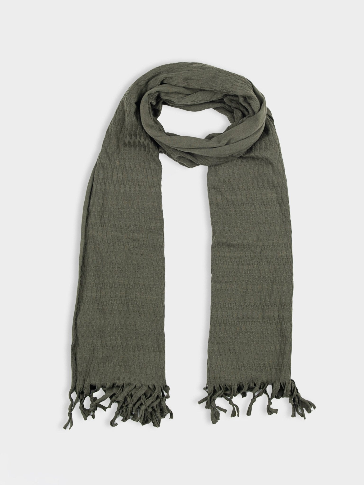 Ben Sherman olive green knit scarf with tasselled fringe ends
